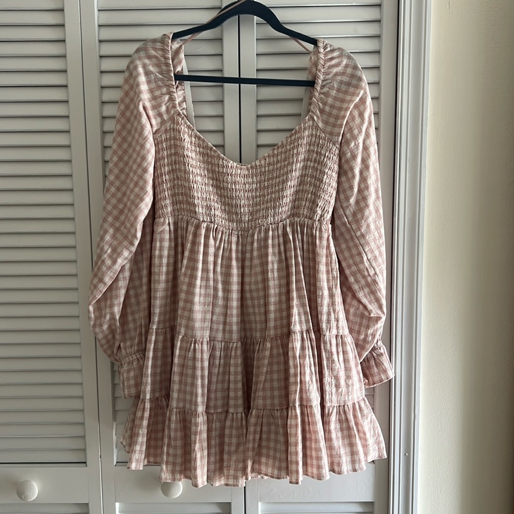 Mable babydoll pink and white gingham dress long sleeve Medium / Large